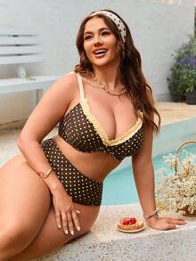 Swim Mod Conjunto de traje de baño de talla grande con aro de acero estilo europeo y americano, bikini retro de lunares con copa suave - Marrón - Ver 3