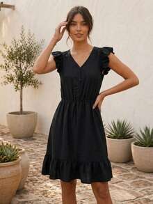 Vestido de verano con manga corta de volantes y falda fluida - Negro - Ver 5