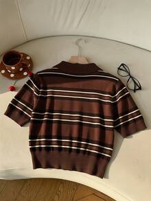 SHEIN EZwear 女士休闲半拉链短袖条纹针织衫，多色 - 彩色 - 查看 2