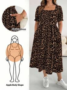 SHEIN Essnce 大码女式豹纹短袖休闲度假连衣裙，咖啡色 - 彩色 - 查看 1