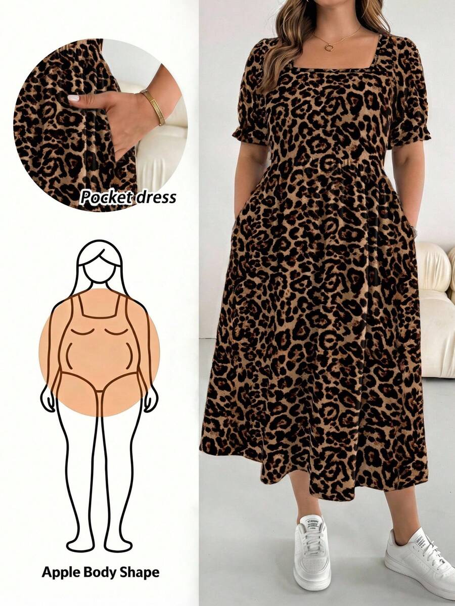 SHEIN Essnce 大码女式豹纹短袖休闲度假连衣裙,咖啡色 - 彩色 - 查看 1