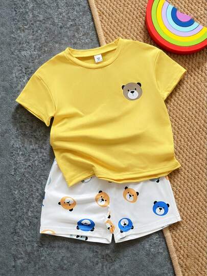 Playful Pals 2pcs/Set Toddler Boys' Casual Comfortable Bear Graphic Print Round Neck Raglan Sleeve Top And Colorful Bear Print Shorts, Suitable For Spring/Summer Outdoor Play And Daily Wear, 2026 Spring/Summer New Fashion, Soft And Collegiate Style Boys Set