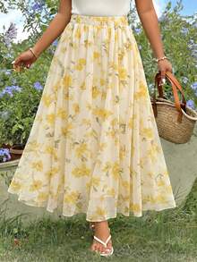 EMERY ROSE Plus Size Yellow Floral Print Chiffon & Lining Casual Skirt - Multicolor - View 3