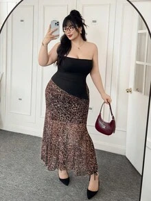 SHEIN EZwear Kích thước lớn Đen Xếp li Khe Quây Đan Co giãn Áo - màu đen - Xem 6