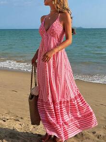 Franclia Elegant And Casual Women's Vacation Dresses V-Neck Dresses With Crisscross Straps At The Back And Full Skirts Romantic Floral Vacation Dresses Spring Summer Autumn And Winter Dresses For Women Dresses For Outings Summer Dresses For Dates And Vacations Elegant And Casual Vacation Dresses Elegant Dresses Casual Dresses Vacation Dresses Country Dresses Ruffle Dresses Flower Dresses Festival Dresses Beach Dresses Pink Dresses - Multicolor - View 6
