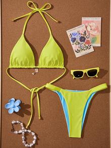 Swim Mod Bộ bikini nữ mùa hè mới, thời trang đi nghỉ mát bên bờ biển, ngọt ngào, dễ thương, họa tiết chấm bi tương phản, hai mặt, kiểu buộc dây cổ sau lưng, gợi cảm. - Nhiều màu - Xem 6