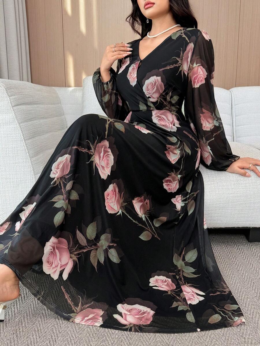 Feyla 大码女式印花灯笼袖优雅连衣裙