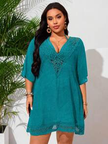 Swim Lushoire Vestido de playa informal con cuello en V, encaje floral y parches para mujer talla grande - Agua verde azul - Ver 3