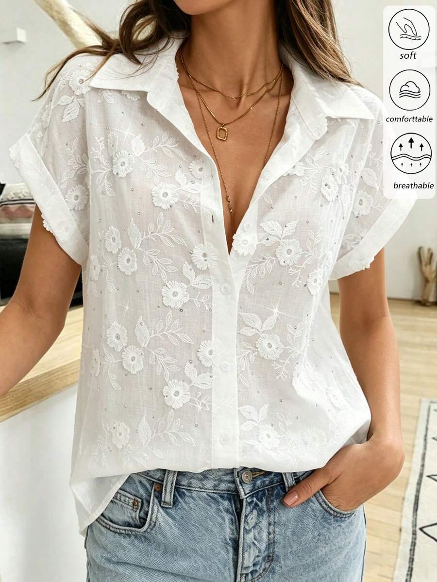 Louniche Áo sơ mi nữ màu trắng kiểu Pháp thêu hoa 3D đính đá, cổ bẻ, tay ngắn, dáng rộng, đa năng, thích hợp mặc đi làm, mùa hè 2026. - trắng - Xem 1