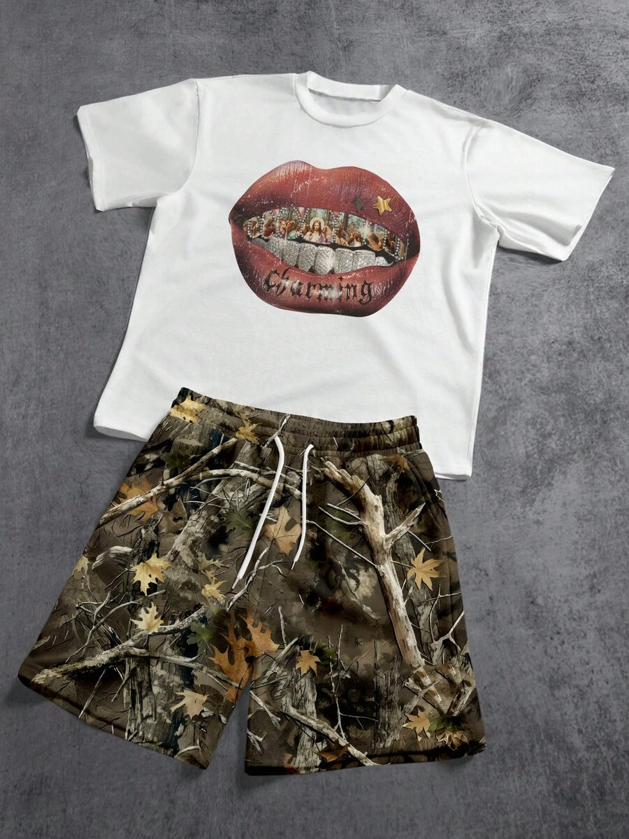 Manfinity ZONE917 Gothic Streetwear Summer Casual Jesus Scene Rhinestone Lip Print Camouflage Contrast Waist Short Sleeve T-Shirt And Shorts Set,Army Green,City Break - Multicolor - View 1
