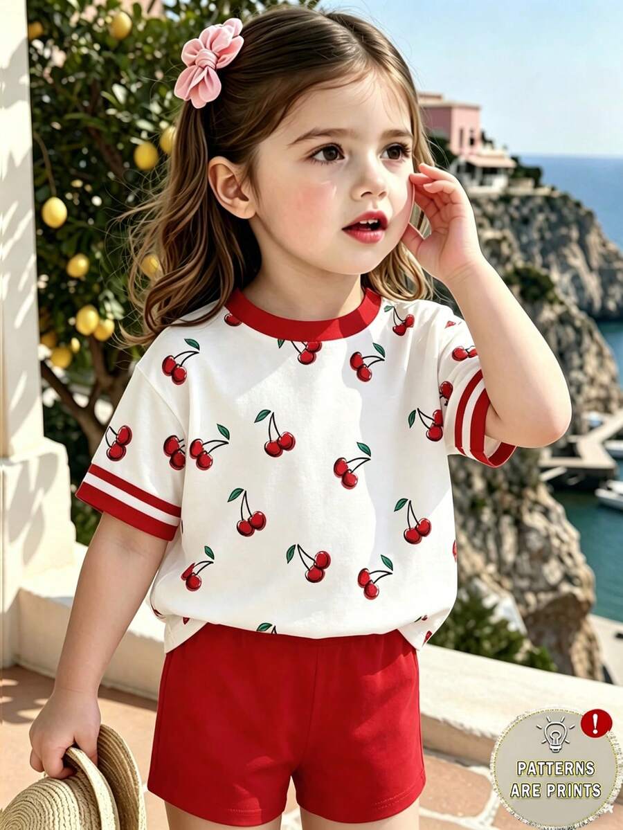 Elladie kids 6pcs Baby Girl Sweet Cute Smiling Face, Letter, Dopamine Print Tie-Dye Color Casual Summer Outfit Set - Multicolor - View 1