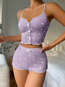 SHEIN Casual Underwear&Sleepwear 女士心形印花蝴蝶结装饰吊带背心和短裤睡衣套装 - 淡紫色 - 查看 4