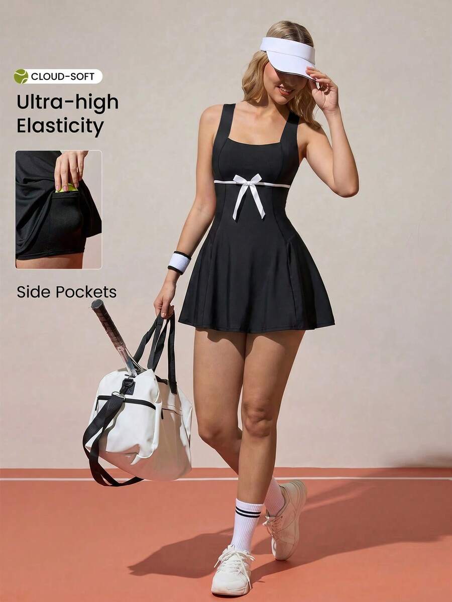CourtClass Vestido deportivo casual de mujer sin mangas con lazo decorativo y elástico, para verano - Negro - Ver 1