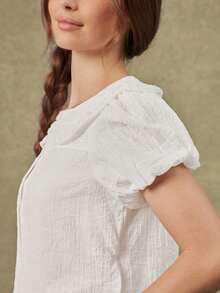 WESTFADE Ruffle Collar Short Puff Sleeve White Textured Woven & Lace Button Up Shirt, Country Style For Women, Female Country Look - White - View 5