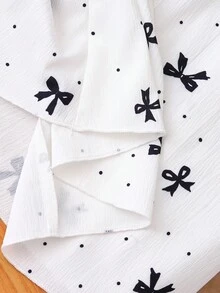 SHEIN Elladie kids 女童（小号）春夏简约时尚新款连衣裙，正面饰有黑色丝带蝴蝶结，白色底黑色蝴蝶印花绉纱面料，黑色简约荷叶边领，咖啡琥珀色纽扣半开襟无袖连衣裙，适合年轻女孩，韩式简约优雅风格，休闲时尚，适合日常、上学、外出、度假穿着。 - 白色 - 查看 4