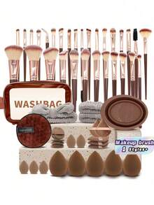1PC 56PCS Complete Makeup Brush Set Includes Foundation Blush Eyeshadow Concealer Highlighter Kabuki Brushes High Quality Synthetic Bristles For Daily Face Makeup Gift - Coffee Brown - View 1