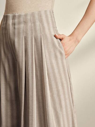 Anewsta Pantalones anchos de pierna con rayas en color caqui de verano, pantalones con pliegues de cintura alta y línea A para mujeres