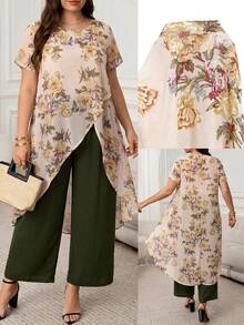 SHEIN LUNE Damen Große Größen Set aus Blumen-Langoberteil und weiter Hose, Lässig 2-Teiler - Verschiedenfarbig - Übersicht 1