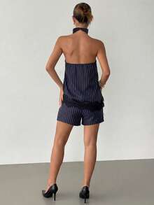 Women's Striped Print Drape Neck Top And Shorts 2 Pieces Set - Blue and White - View 2