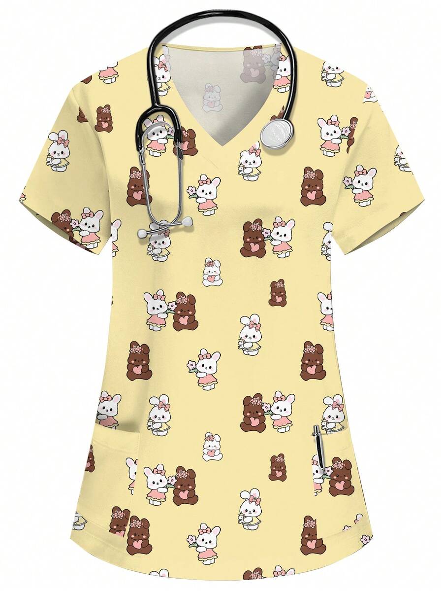 PopScrub 女士黄色V领短袖双口袋可爱卡通图案工作服上衣，兔子印花，护士医生制服，纯色宠物美容工作服，营养师实验服，多口袋功能性工作服，女士功能性假日服装，可爱 - 黃色 - 查看 1