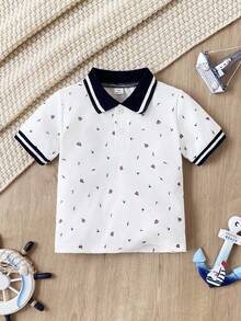 SHEIN Streecool Kids 小男孩 Polo 衫，白色夏季家庭度假套裝，小鳥、帆船、棕櫚樹印花，羅紋領，對比袖口，海灘度假風 - 白色 - 查看 5