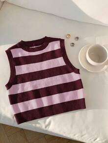 SHEIN Comfortcana Áo len croptop nữ kiểu dáng tối giản, màu nâu và hồng kẻ sọc. - Nhiều màu - Xem 3