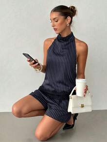Women's Striped Print Drape Neck Top And Shorts 2 Pieces Set - Blue and White - View 5