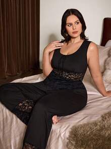 Slumberist Sexy & Elegant Lace Patchwork Sheer Tie-Up Sleeveless Camisole, Slim Fit Loungewear Set For Plus Size Women - Black - View 6