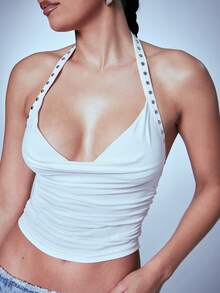 Denimoi Summer Sexy Casual Rivet Draped Neck Pleated Blouse For Women - White - View 1