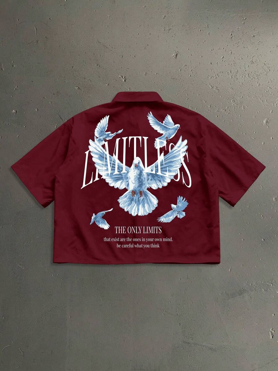 StoneGrade Camisa de manga corta de un solo pecho con estampado de paloma y letra, versátil para hombre, de verano - Burdeos - Ver 1