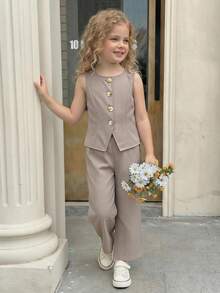 SHEIN 2pcs Young Girl Woven Solid Color Sleeveless Cardigan And Long Pants Set - Multicolor - View 5