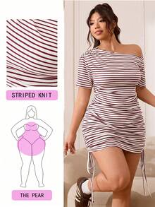 Solflare Plus Size Summer White Smart Casual Night Casual Dress,Asymmetric Shoulder Apricot & Black Striped Knit Ribbed Stretchy Bodycon Full Body Ruching - Red and White - View 1