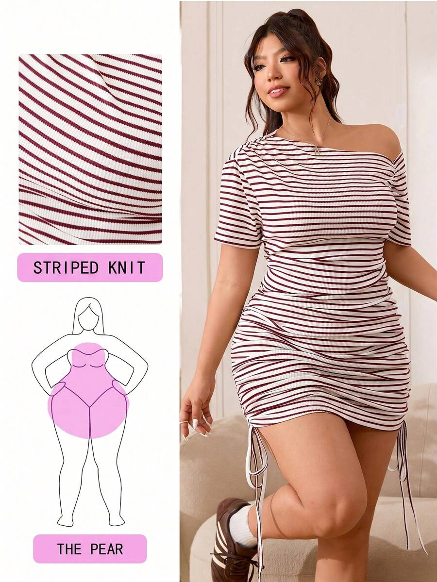 Solflare Plus Size Summer White Smart Casual Night Casual Dress,Asymmetric Shoulder Apricot & Black Striped Knit Ribbed Stretchy Bodycon Full Body Ruching - Red and White - View 1