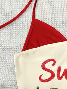 SHEIN Women's Casual Cute Letter Chili Pepper Print Halter Neck Top Vacation Red And White Gingham Summer - Apricot - View 4