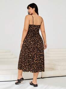 SHEIN EZwear Plus Size Leopard Print Spaghetti Strap Backless Dress With Adjustable Waist Ties And Hidden Zipper, Suitable For Spring/Summer Party - Brown - View 3