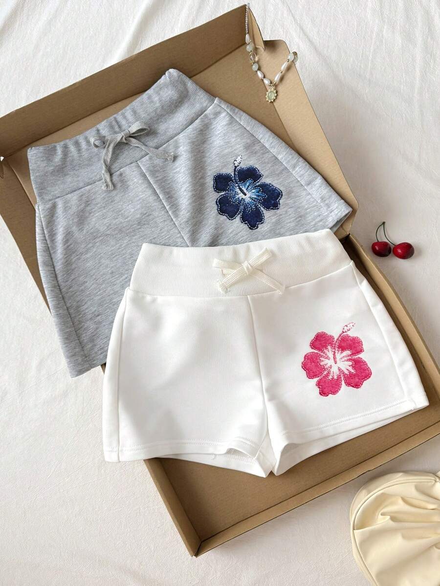 SHEIN 少女休闲热带花卉印花灰白双色针织阔腿短裤两件套,夏季 - 彩色 - 查看 1