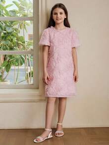 Anewsta Girls' Pink Rose Print Short Sleeve Summer Dress - Pink - View 5