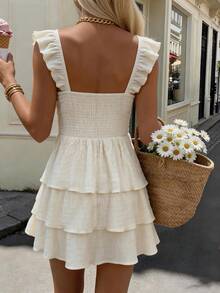 Women's Solid Color Square Neck Cap Sleeve Ruffle Hem Elegant Short Dress, Summer - Light Yellow - View 2