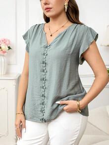 Reflora Plus Size Women's Sage Green Summer Boho Blouse, Textured Patchwork Ruffle Armhole Loose Top, Elegant Casual Vacation Holiday - Green - View 7