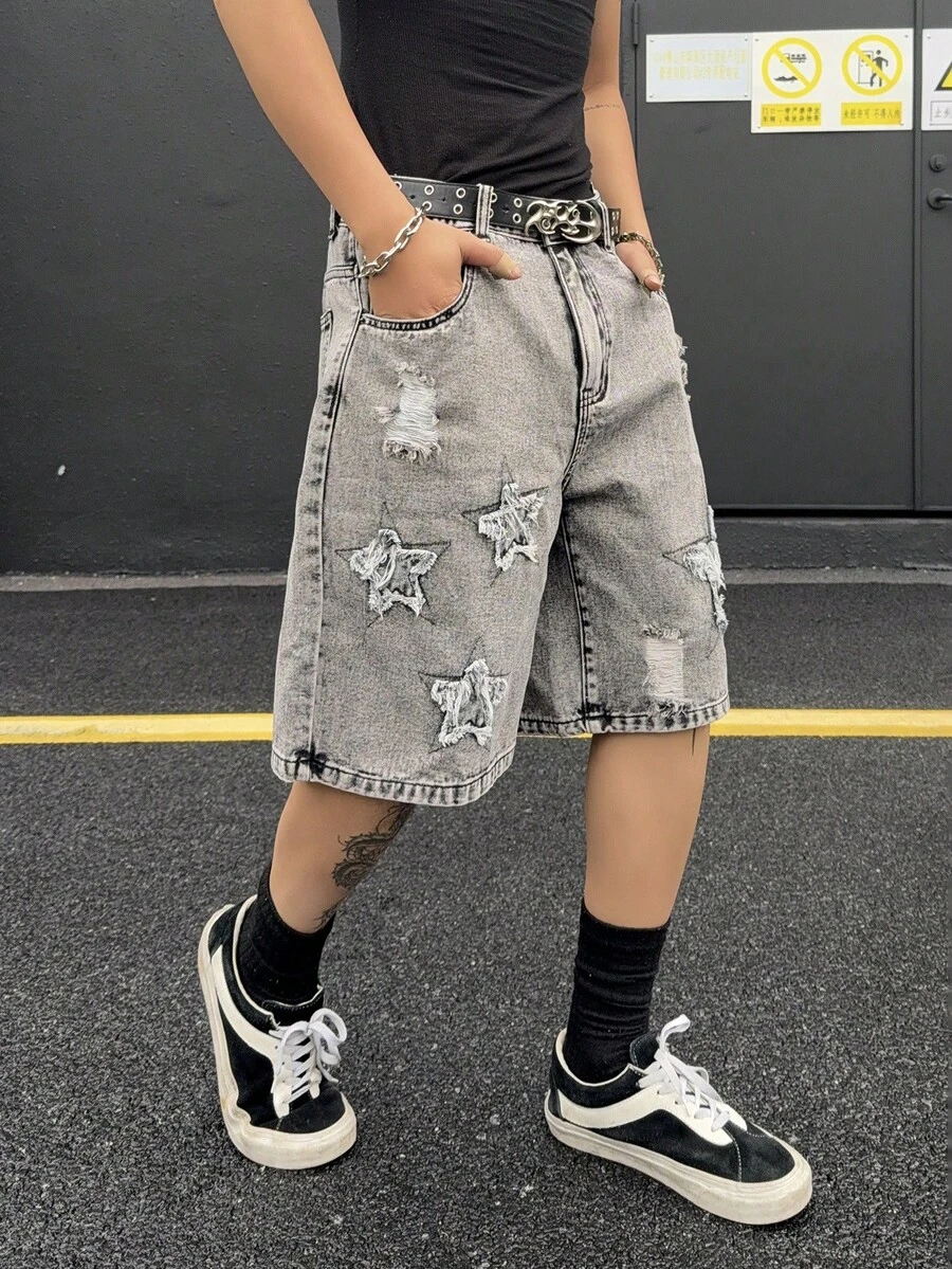 Manfinity EMRG Men's Pocket Frayed Five-Pointed Star Denim Wide Leg Shorts - Grey - View 1