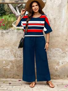 SHEIN LUNE Bộ đồ hai mảnh phong cách hải quân tối giản thường ngày, họa tiết sọc đỏ, xanh dương và trắng, phù hợp cho phụ nữ cỡ lớn vào mùa hè. - Nhiều màu - Xem 4