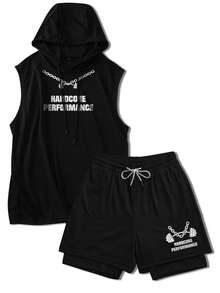 GymBeat Bộ đồ thể thao mùa hè thoải mái gồm áo hoodie và quần short không tay có dây rút, kiểu dáng thường ngày. - màu đen - Xem 3