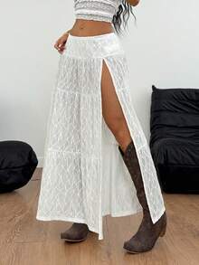 SHEIN PETITE CURVE 大码女装夏季音乐会、锐舞派对、节日外出、文艺复兴集市蕾丝侧开衩半身裙,适合度假、西部风情装扮,Y2K质感面料 - 杏色 - 查看 5