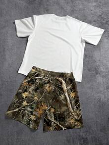 Manfinity ZONE917 Gothic Streetwear Summer Casual Jesus Scene Rhinestone Lip Print Camouflage Contrast Waist Short Sleeve T-Shirt And Shorts Set,Army Green,City Break - Multicolor - View 5
