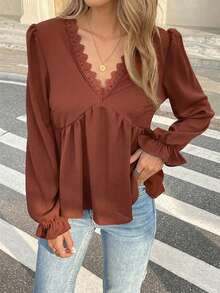 Serisse Blusa de manga larga con cuello en V, unicolor, con volantes y parches de encaje para el verano - Rojo - Ver 4