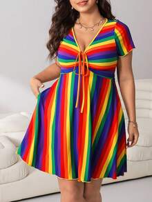 SHEIN EZwear 大码女式彩色条纹系带短袖连衣裙 - 彩色 - 查看 6