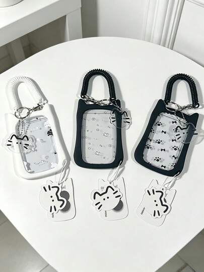 Zazumi 1PC Clear Cat Ear ID Card Holder For Students Teens School Bus Subway Pass Case Transparent Badge Protector Bag Charm Keychain Pendant Cute Gift