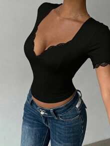 Women's Solid Color Sweetheart Neck Contrast Lace Short Sleeve Fitted Sexy T-Shirt - Black - View 6