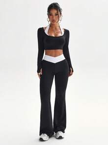 WanderVale Women's Sports Yoga Outdoor Gym Workout Set, 2 In 1 Contrast Color Long Sleeve Tight T-Shirt, Contrast Color V-Waist Tight Flare Pants Workout Two Piece Set - Black - View 9