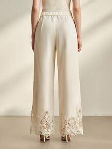 Anewsta Elegant Loose Floral Lace Hollow Out Beige Wide-Leg Pants, Suitable For Spring And Summer - Apricot - View 7